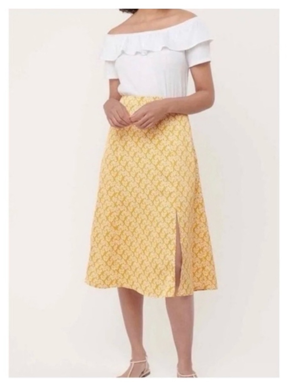 Loft Satin A-Line Midi Skirt Yellow Pattern Size 8